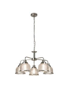 Searchlight Bistro II 5Lt Pendant Satin Silver & Holophane Style Glass