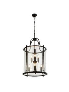 Searchlight Lantern Grande 8Lt Pendant Black Metal & Glass