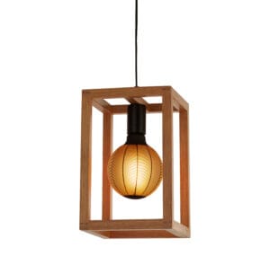 Searchlight Square Pendant Natural Wood & Black Metal
