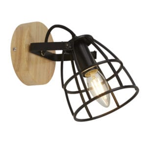Searchlight Vision Round Wall Light Matt Black Metal & Wood