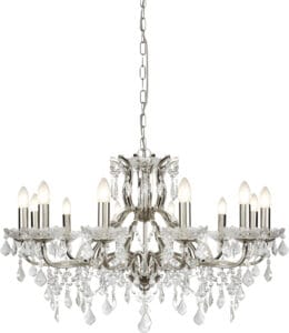 Searchlight Paris 12Lt Chandelier Satin Silver & Clear Crystal Drops