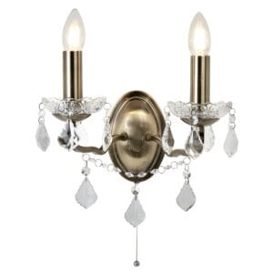Searchlight Paris 2Lt Wall Light Antique Brass Metal & Clear Crystal