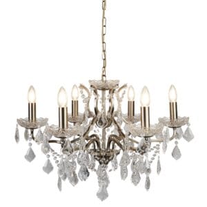 Searchlight Paris 6Lt Chandelier Antique Brass Metal & Clear Crystal