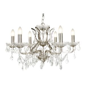 Searchlight Paris 6Lt Chandelier Satin Silver Metal & Clear Crystal