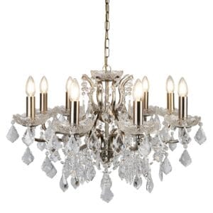 Searchlight Paris 8Lt Chandelier Antique Brass Metal & Clear Crystal