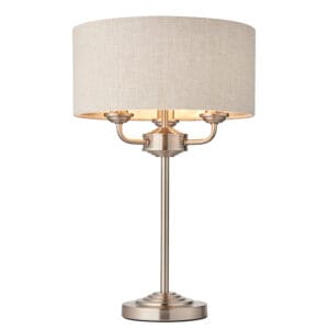 Endon Highclere 3lt Table Brushed Chrome & natural linen Non-dimmable
