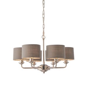 Endon Highclere 6lt Pendant Bright Nickel & charcoal fabric Dimmable