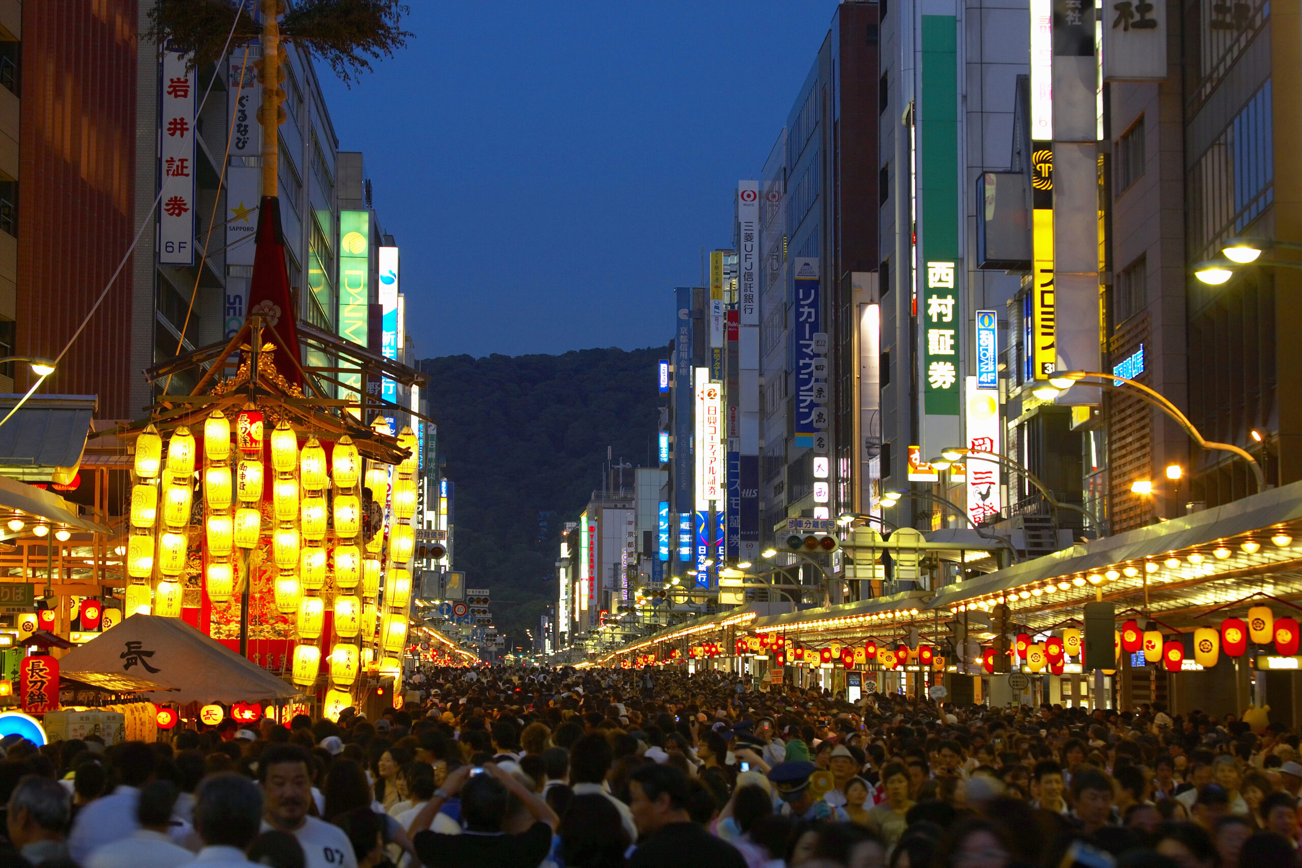 The Gion Matsuri Lighting Festival going down Oike street