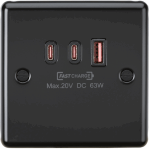 Knightsbridge Matt Black 230V Triple USB Charger Plate 2xUISB-C 1xUSB-A [20V DC Max. 63W]