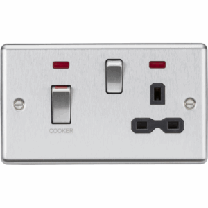 Knightsbridge Raised Edge Brushed Chrome 45A DP Switch & 13A Socket with Neons Black Insert