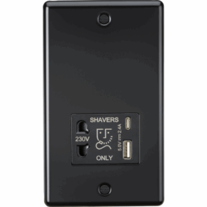 Knightsbridge Matt Black 230V Shaver Socket with Dual USB A+C [5V DC 2.4A shared]