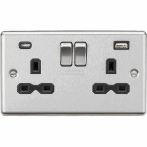 Knightsbridge Raised Edge Brushed Chrome 13A 2G SP Switched Socket with dual USB C+A 5V DC 4.0A [shared] with insert
