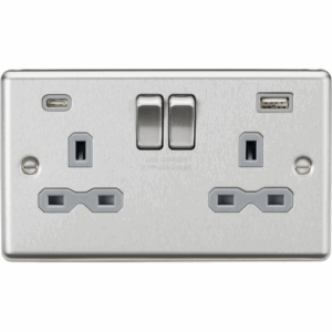 Knightsbridge Raised Edge Brushed Chrome 13A 2G SP Switched Socket with dual USB C+A 5V DC 4.0A [shared] Grey Insert