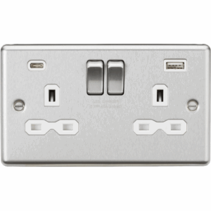 Knightsbridge Brushed Chrome 13A 2G SP Switched Socket with dual USB C+A 5V DC 4.0A [shared] White Insert