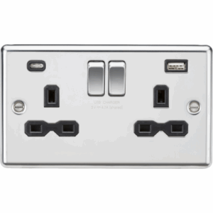 Knightsbridge Raised Edge Polished Chrome 13A 2G SP Switched Socket with dual USB C+A 5V DC 4.0A [shared] with insert