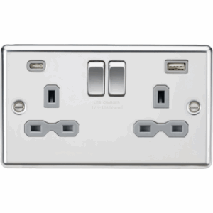 Knightsbridge Raised Edge Polished Chrome 13A 2G SP Switched Socket with dual USB C+A 5V DC 4.0A [shared] Grey Insert