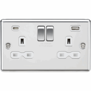 Knightsbridge Polished Chrome 13A 2G SP Switched Socket with dual USB C+A 5V DC 4.0A [shared] White Insert