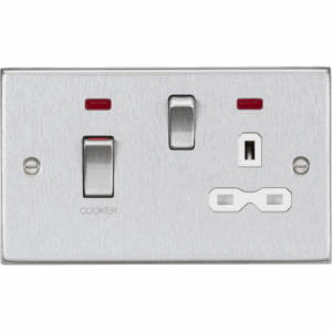 Knightsbridge Raised Edge Brushed Chrome 45A DP Switch & 13A Socket with Neons White Insert