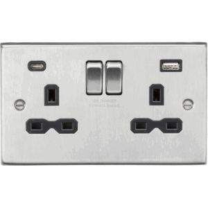Knightsbridge Brushed Chrome 13A 2G SP Switched Socket with Dual USB A+C (5V DC 4.0A shared) with Insert