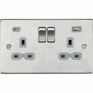 Knightsbridge Brushed Chrome 13A 2G SP Switched Socket with Dual USB A+C (5V DC 4.0A shared) Grey Insert