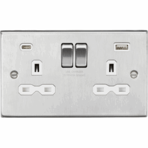 Knightsbridge Brushed Chrome 13A 2G SP Switched Socket with Dual USB A+C (5V DC 4.0A shared) White Insert