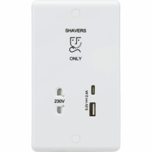 Knightsbridge White Curved Edge 230V Shaver Socket with Dual USB A+C (5V DC 2.4A shared, Max. 12W)