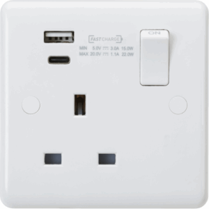 Knightsbridge White Curved Edge 13A 1G DP Switched Socket with Dual USB A+C (20V DC 1.1A) Max. 22W