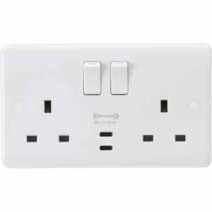Knightsbridge White Curved Edge 13A 2G DP Switched Socket with Dual USB-C 20V DC 1.5A (Max. 30W)