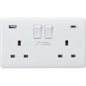 Knightsbridge White Curved Edge 13A 2G DP Switched Socket with Dual USB A+C [5V DC 3.1A shared] Max. 15.5W