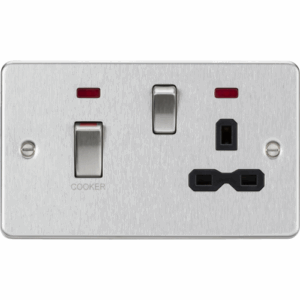 Knightsbridge Flat Plate Brushed Chrome 45A DP Switch & 13A Socket with Neons with Insert