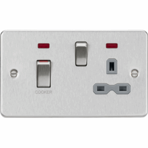 Knightsbridge Flat Plate Brushed Chrome 45A DP Switch & 13A Socket with Neons Grey Insert