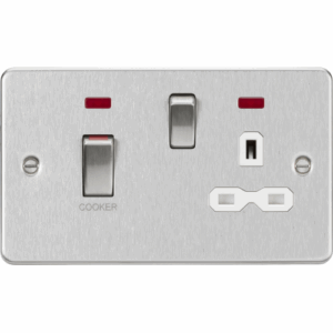 Knightsbridge Flat Plate Brushed Chrome 45A DP Switch & 13A Socket with Neons White Insert