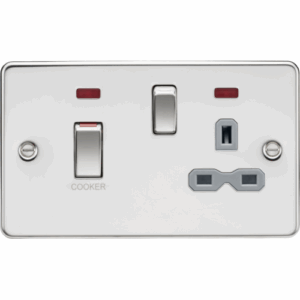 Knightsbridge Flat Plate Polished Chrome 45A DP Switch & 13A Socket with Neons Grey Insert