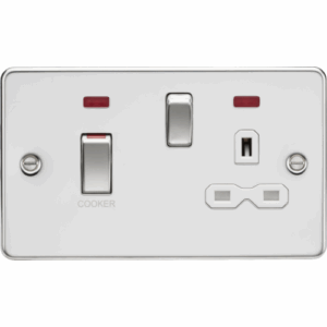 Knightsbridge Flat Plate Polished Chrome 45A DP Switch & 13A Socket with Neons White Insert