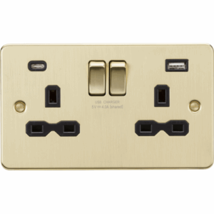Knightsbridge Brushed Brass 13A 2G SP Switched Socket with Dual USB A+C (5V DC 4.0A shared) with Insert