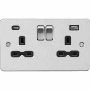Knightsbridge Flat Plate Brushed Chrome 13A 2G SP Switched Socket with Dual USB A+C (5V DC 4.0A shared) with Insert