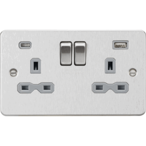 Knightsbridge Flat Plate Brushed Chrome 13A 2G SP Switched Socket with Dual USB A+C (5V DC 4.0A shared) Grey Insert