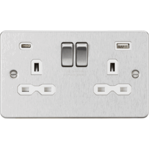 Knightsbridge Flat Plate Brushed Chrome 13A 2G SP Switched Socket with Dual USB A+C (5V DC 4.0A shared) White Insert