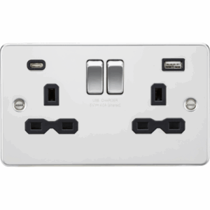 Knightsbridge Flat Plate Polished Chrome 13A 2G SP Switched Socket with Dual USB A+C (5V DC 4.0A shared) with Insert