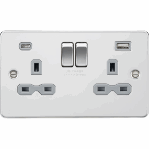 Knightsbridge Flat Plate Polished Chrome 13A 2G SP Switched Socket with Dual USB A+C (5V DC 4.0A shared) Grey Insert