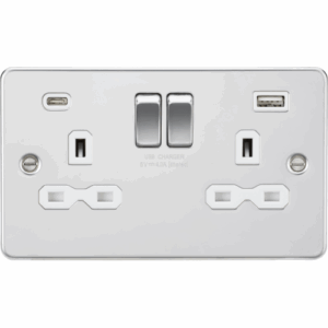 Knightsbridge Flat Plate Polished Chrome 13A 2G SP Switched Socket with Dual USB A+C (5V DC 4.0A shared) White Insert