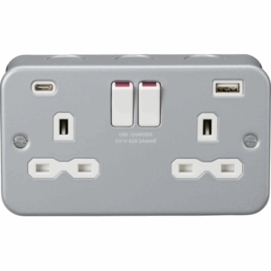 Knightsbridge Silver/Grey Metal Clad 13A 2G SP Switched Socket with dual USB C+A 5V DC 4.0A [shared]