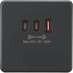 Knightsbridge Anthracite 230V Triple USB Charger Plate 2xUSB-C 1xUSB-A [20V DC Max. 63W]