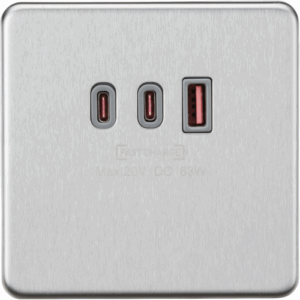 Knightsbridge Brushed Chrome 230V Triple USB Charger Plate 2xUSB-C 1xUSB-A [20V DC Max. 63W] with insert