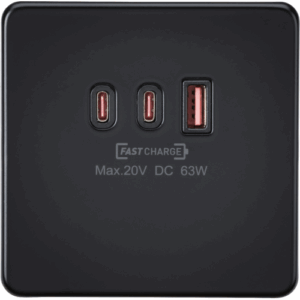 Knightsbridge Matt Black 230V Triple USB Charger Plate 2xUSB-C 1xUSB-A [20V DC Max. 63W]