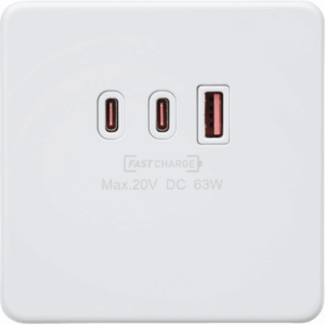 Knightsbridge Matt White 230V Triple USB Charger Plate 2xUSB-C 1xUSB-A [20V DC Max. 63W]