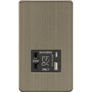 Knightsbridge Antique Brass Shaver socket with dual USB A+C (5V DC 2.4A shared)