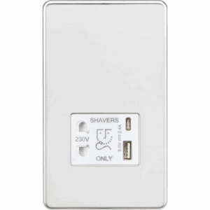Knightsbridge Screwless Polished Chrome 230V Shaver Socket with Dual USB A+C [5V DC 2.4A shared] White Insert