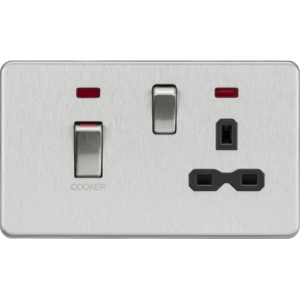 Knightsbridge Screwless Brushed Chrome 45A DP Switch & 13A Socket with Neons Black Insert