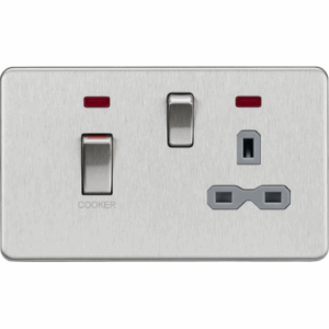 Knightsbridge Screwless Brushed Chrome 45A DP Switch & 13A Socket with Neons Grey Insert